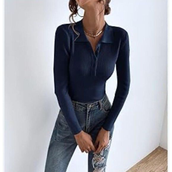 Violets & Roses NWT Blue Fall Chic Minimalist Ribbed Knit Long Sleeve Bodysuit - Picture 1 of 11